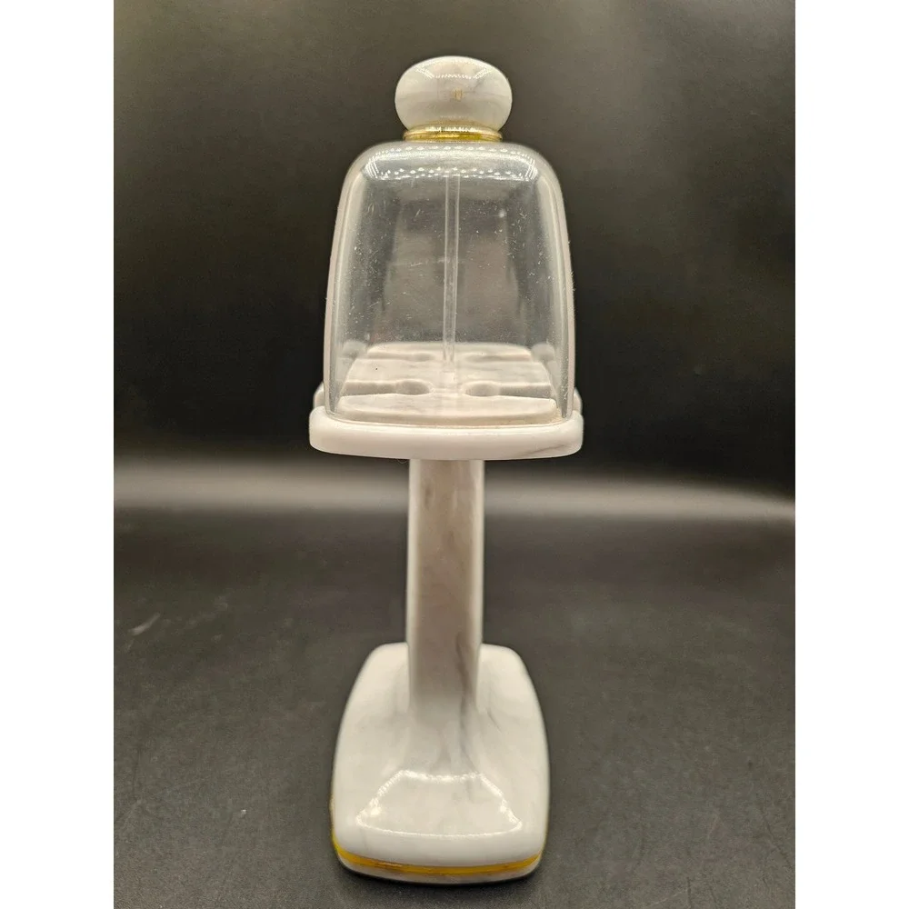 Faux Marble Pedestal Lipstick Holder with Clear Cloche Cover Gold Trim White SS